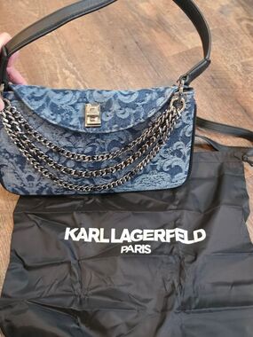 Karl Lagerfeld Blue Jacquard Chain-Detail Shoulder Bag